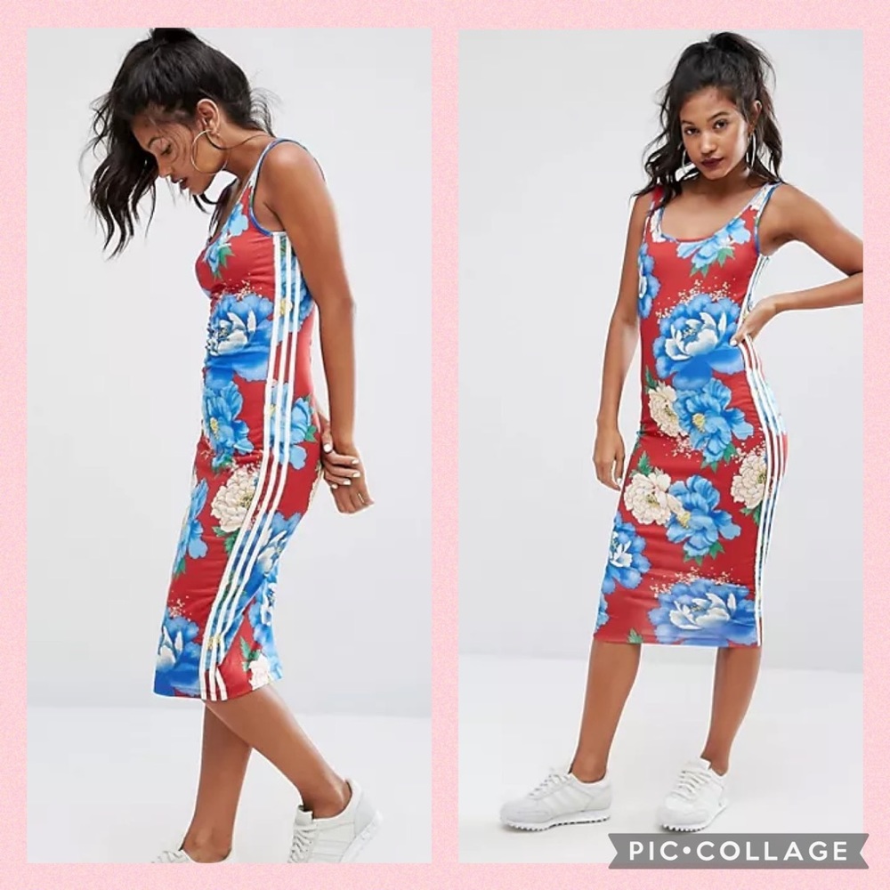 Adidas Red and Blue Floral Midi Dress